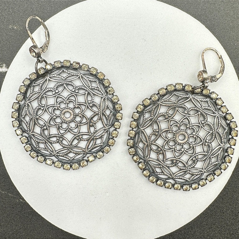 VTG Oxidized Dangle Earrings Brown Rhinestone Filigree Flower Circle Statement